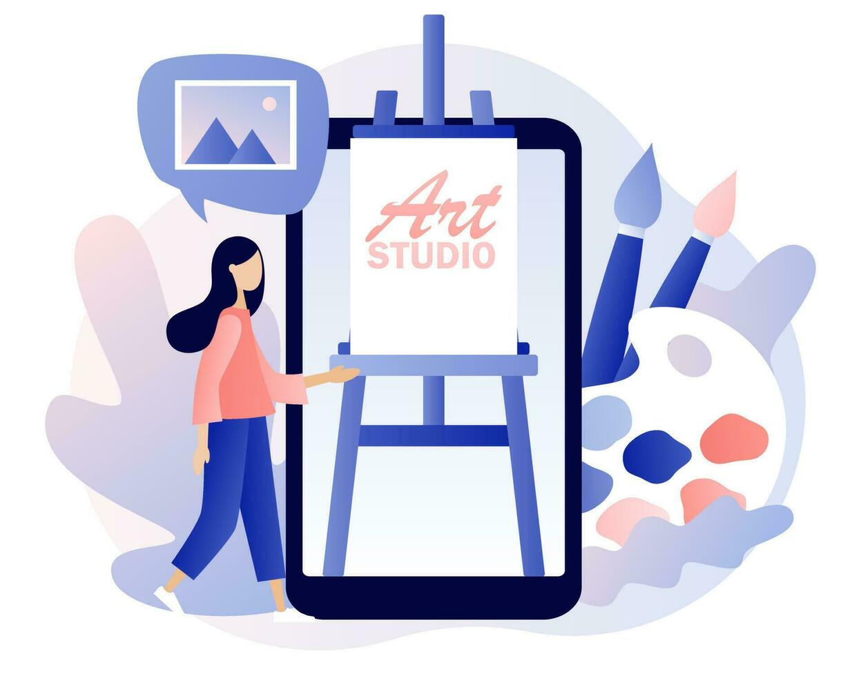Artist. Art school or studio online. Tiny woman artist with canvas on easel on smartphone screen, pallete and brushes. Art workshop. Create picture. Modern flat cartoon style. Vector illustration