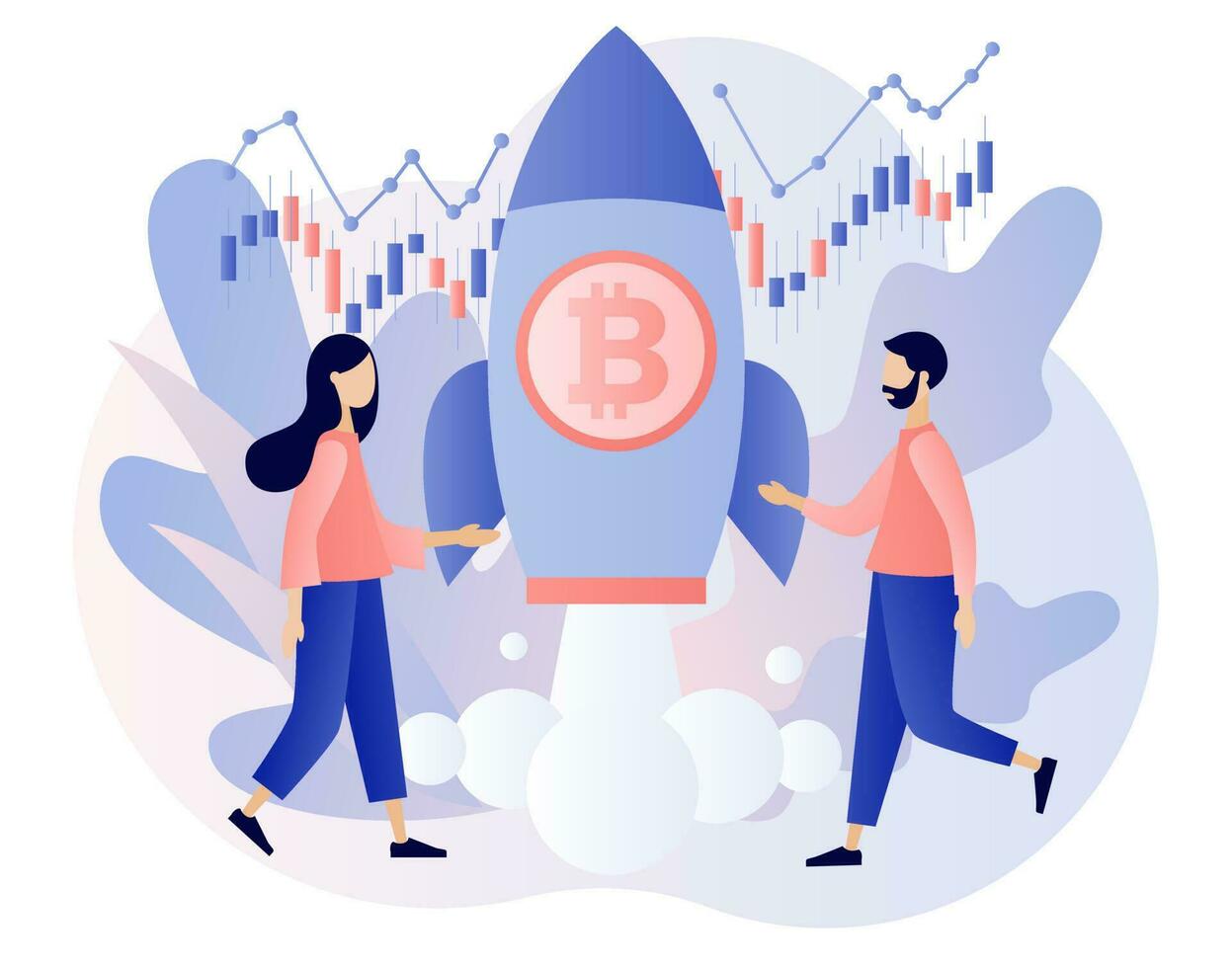 bitcoin precio cohete. astronave volador hacia arriba. toro mercado concepto. Velocidad crecimiento. minúsculo personas criptomoneda inversores moderno plano dibujos animados estilo. vector ilustración en blanco antecedentes