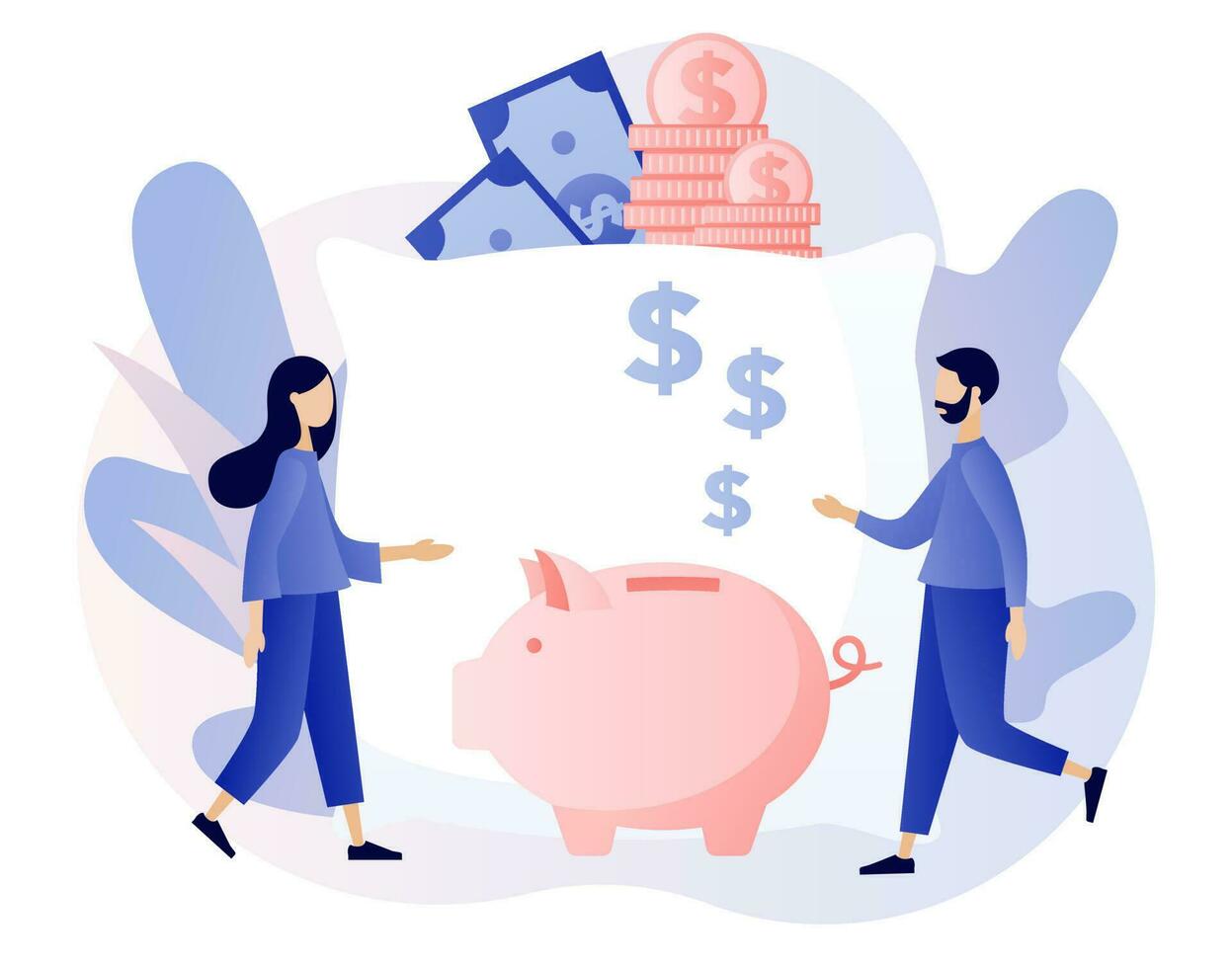 Money pillow. Personal finance, money savings, emergency support fund, personal capital, insurance. Tiny people growth financial. Piggy bank. Modern flat cartoon style. Vector illustration