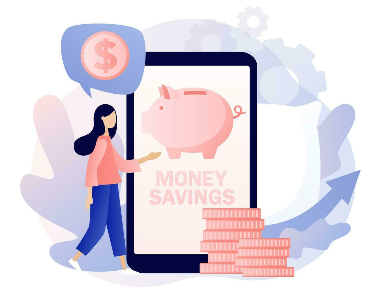 Money pillow online. Personal finance, money savings, emergency support fund, personal capital, insurance. Tiny woman growth financial. Piggy bank smartphone app. Modern flat cartoon style. Vector