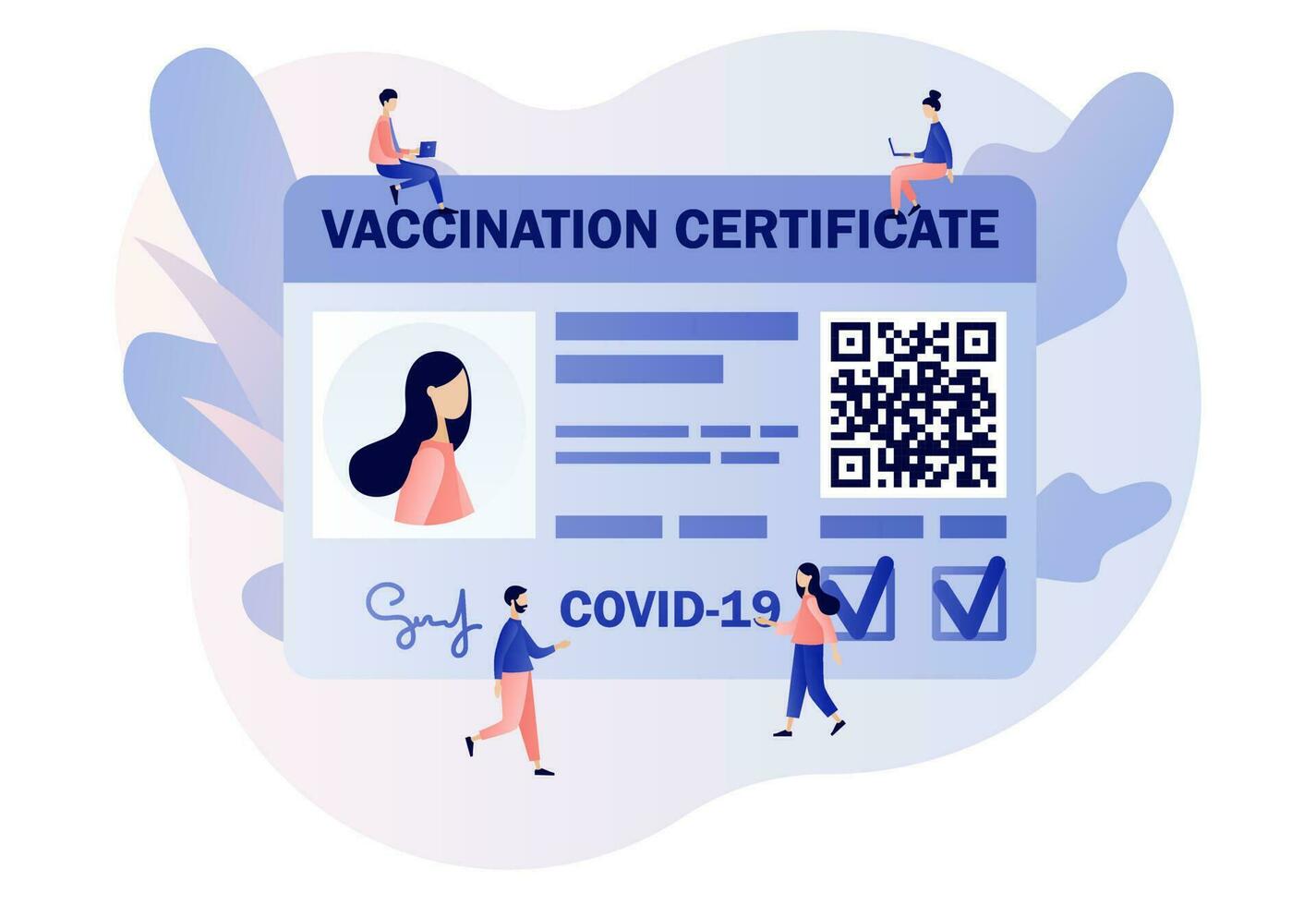 Vaccine passport. Vaccination certificate with QR code. People health passport of vaccination for covid-19. Travel during Coronavirus pandemic. Modern flat cartoon style. Vector illustration