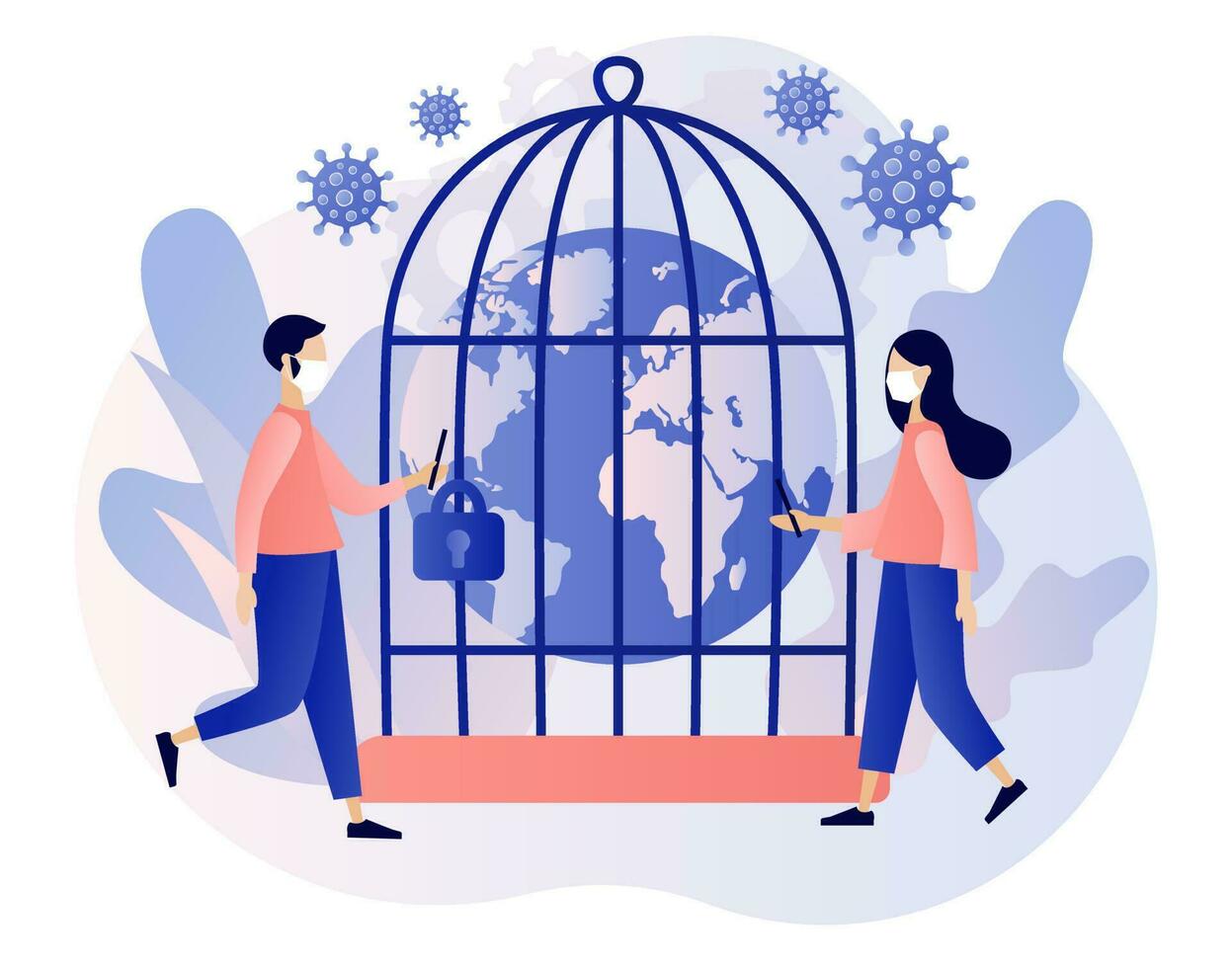 Lockdown in world countries. Planet Earth globe in cage as metaphore quarantine in world. Stop COVID-19 Coronavirus. Danger zone. Modern flat cartoon style. Vector illustration on white background