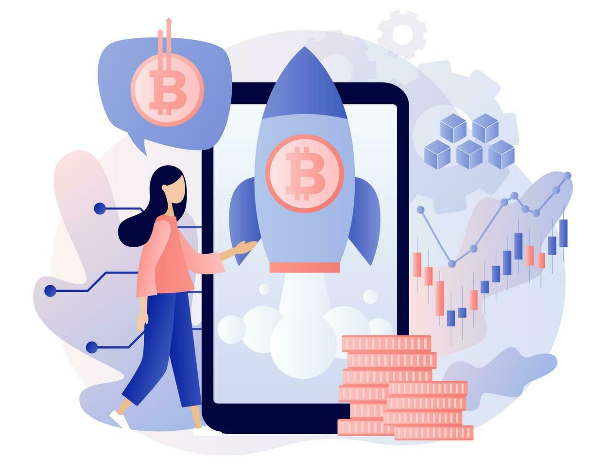 Bitcoin price skyrocket. Spaceship flying upwards. Bull market concept. Rate growth. Tiny woman cryptocurrency investor use smartphone app. Modern flat cartoon style. Vector illustration