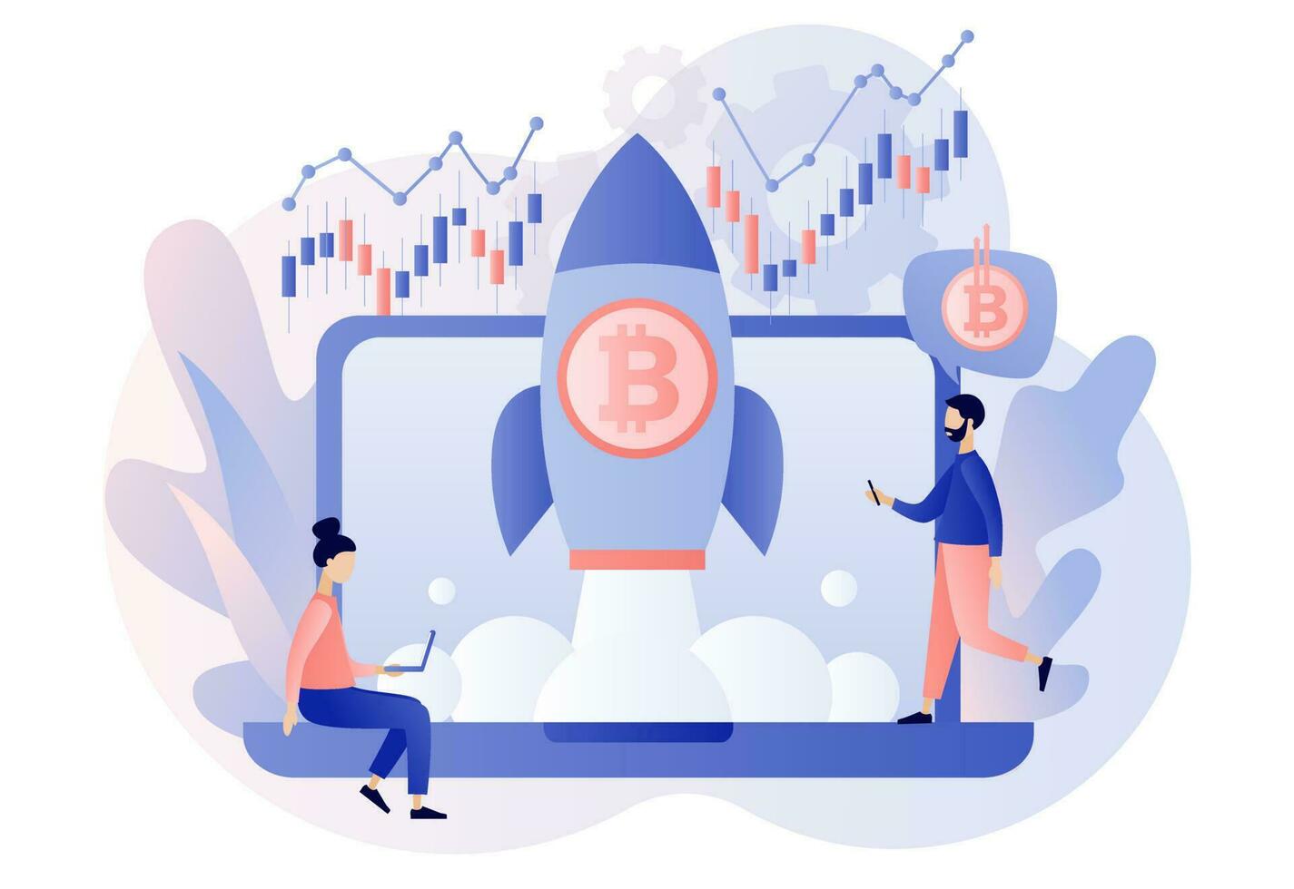 Bitcoin price skyrocket. Spaceship flying upwards. Bull market concept. Rate growth. Tiny people cryptocurrency investors online. Modern flat cartoon style. Vector illustration on white background