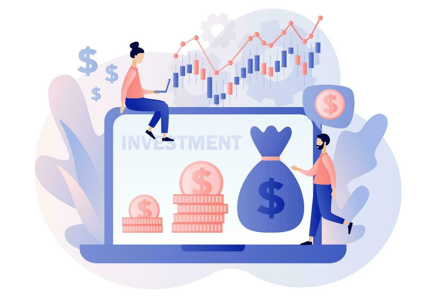 Investment and business concept. Investor strategy. Money tree as metaphor of income and revenue. Tiny people grow financial capital online. Modern flat cartoon style. Vector illustration