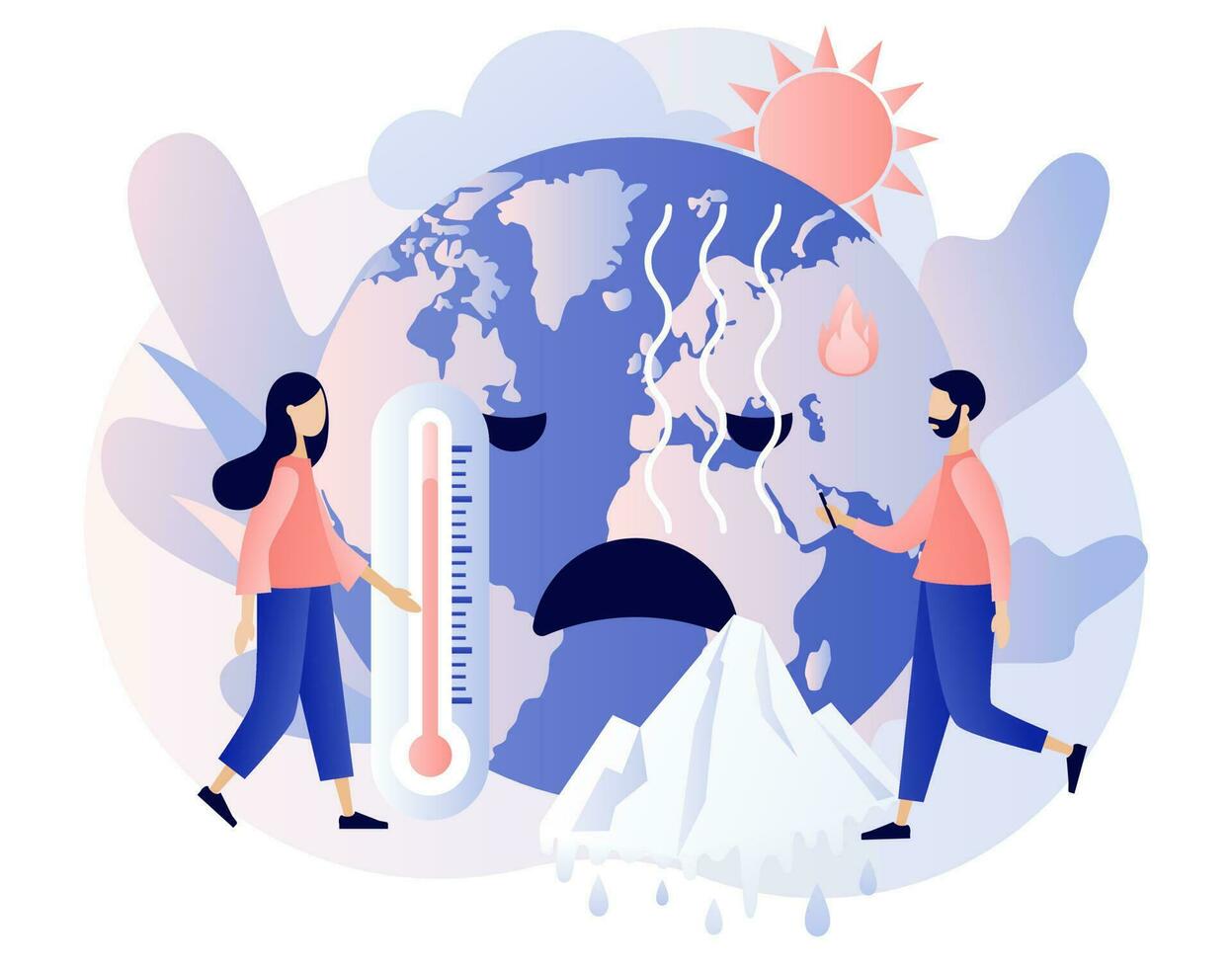 Climate change. Global warming concept. Tiny people trying save planet Earth. World Environment day. Ecology hazards, air pollution. Modern flat cartoon style. Vector illustration on white background