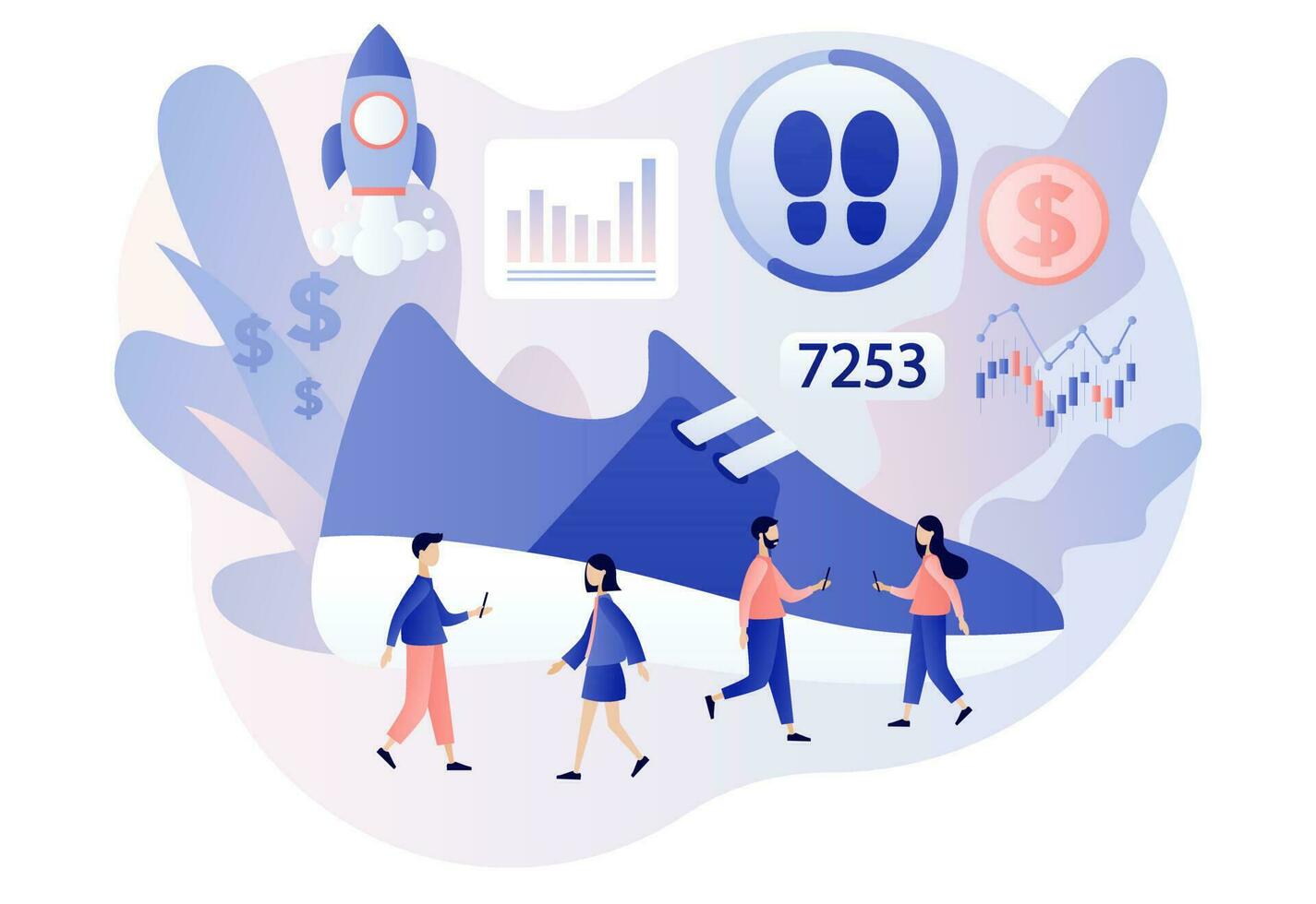 Step counter. Digital sneaker. Pedometer, fitness tracker concept. Walking to earn money mobile app. Crypto currency coin. Modern flat cartoon style. Vector illustration on white background