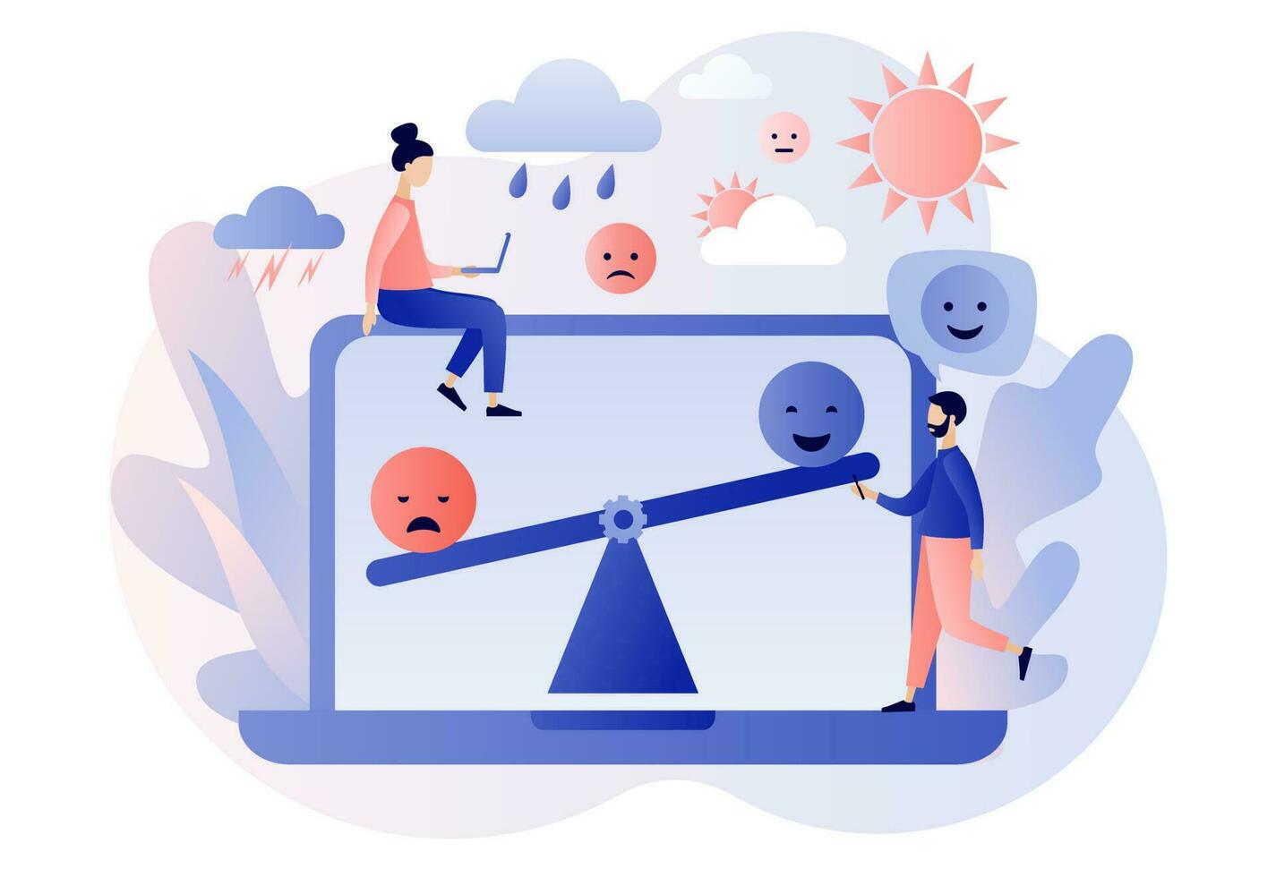 Mood swings. Emotions change. Emotional balance. Psychology disorder, mental problem, stress, anxiety and life crisis. Bipolar emotion. Modern flat cartoon style. Vector illustration