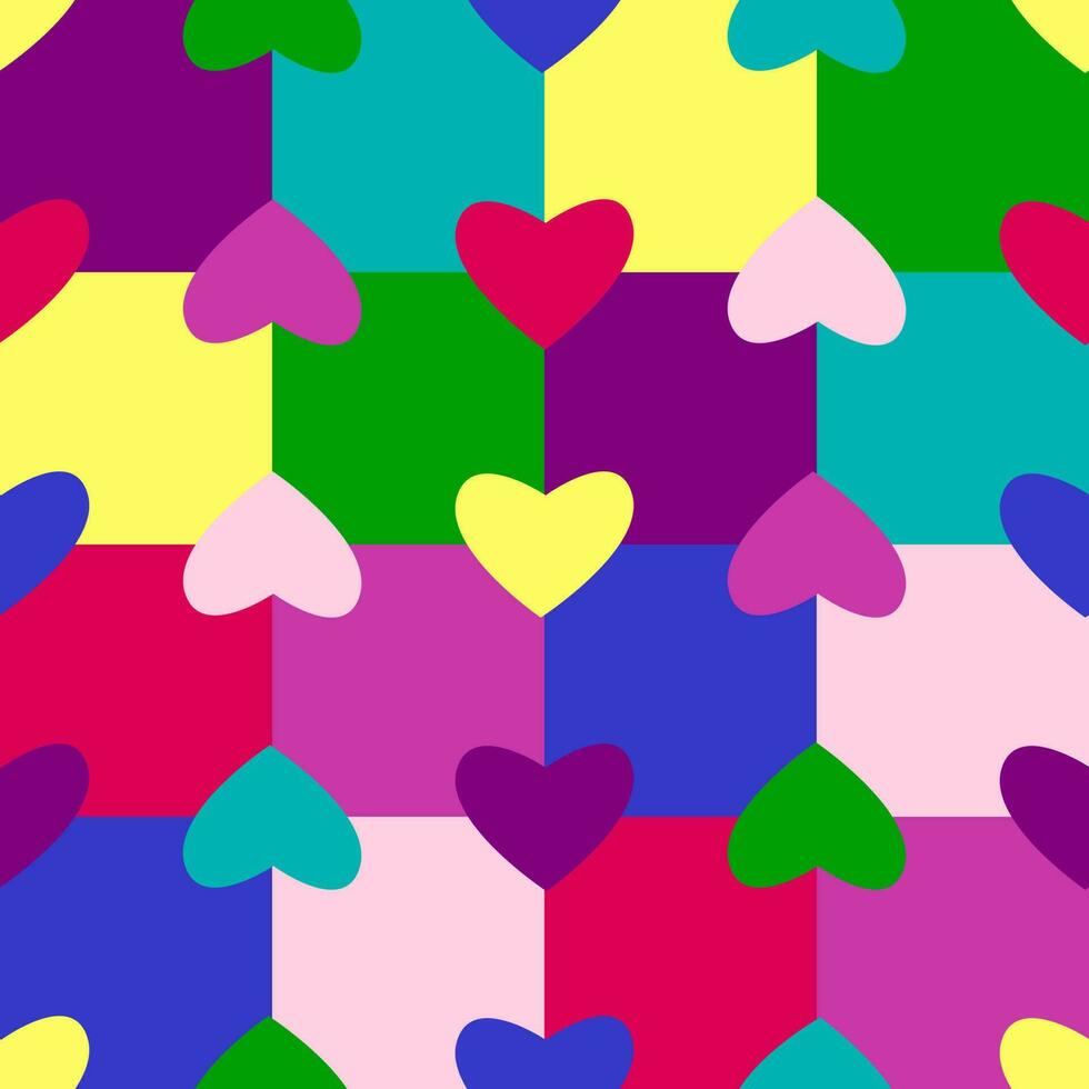 Hearts on boxes, multicolor, vertical. Seamless pattern in a concept of gender, matter, LGBTQ, alternative. love, race, age. For use as background, banner, flag, print, wrapping paper, cloth, dress. vector