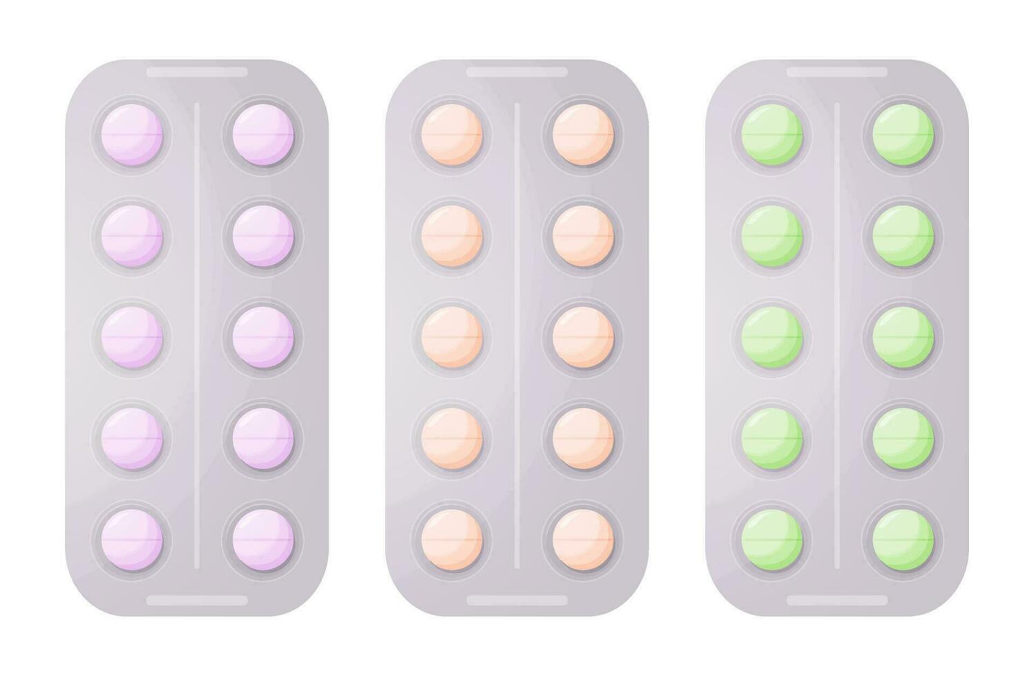 Set of cute blister packs pills. Pharmacy colorful packaging. Aspirin, painkiller drugs, antibiotics, vitamins, or antidepressants. Detailed flat illustration. Stylish pills. vector