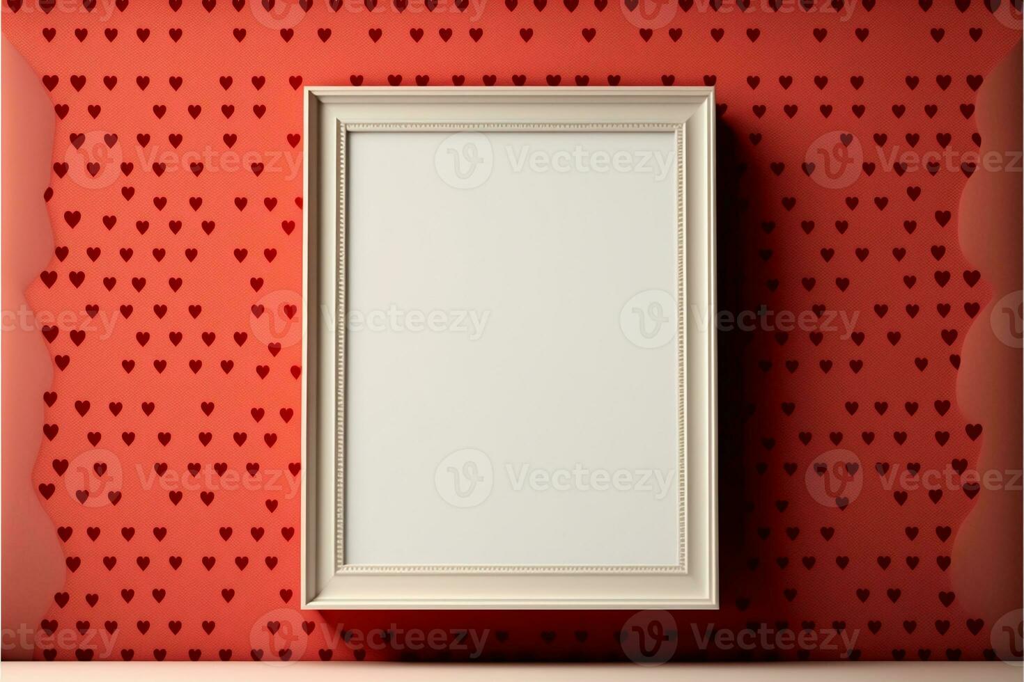 3D Render, Realistic Photo Frame With Image Placeholder Against Red Tiny Hearts Decorated Wall.