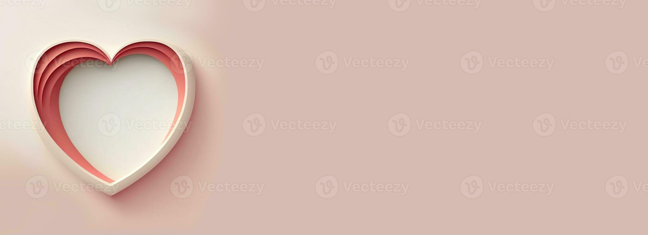 3D Render Of Paper Cut Heart Shape On Pastel Red Background. photo