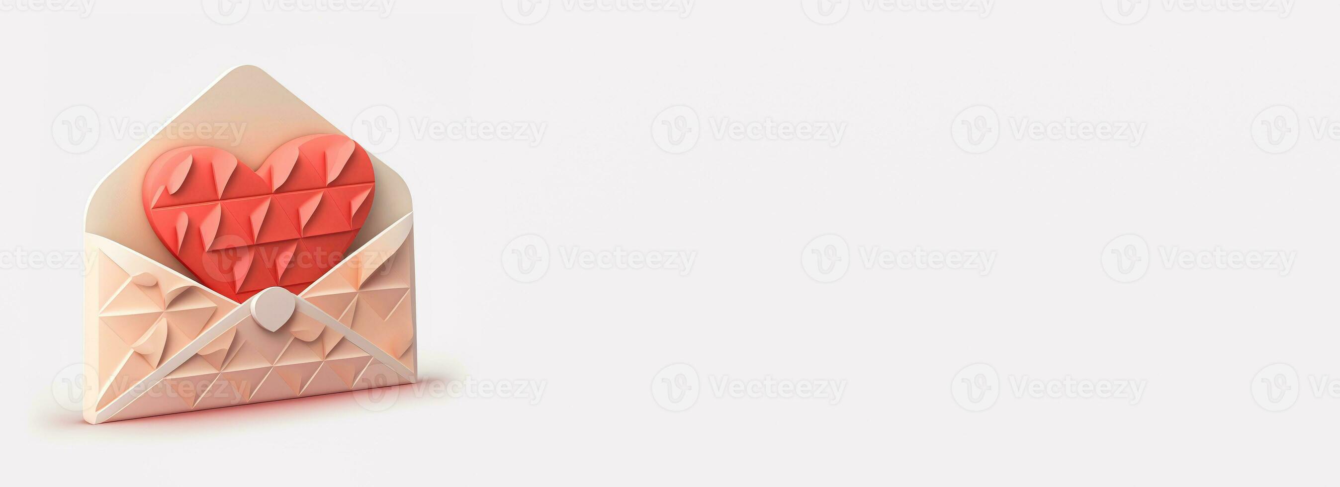 3D Render, Pastel Red Heart Inside Envelope In Geometric. photo