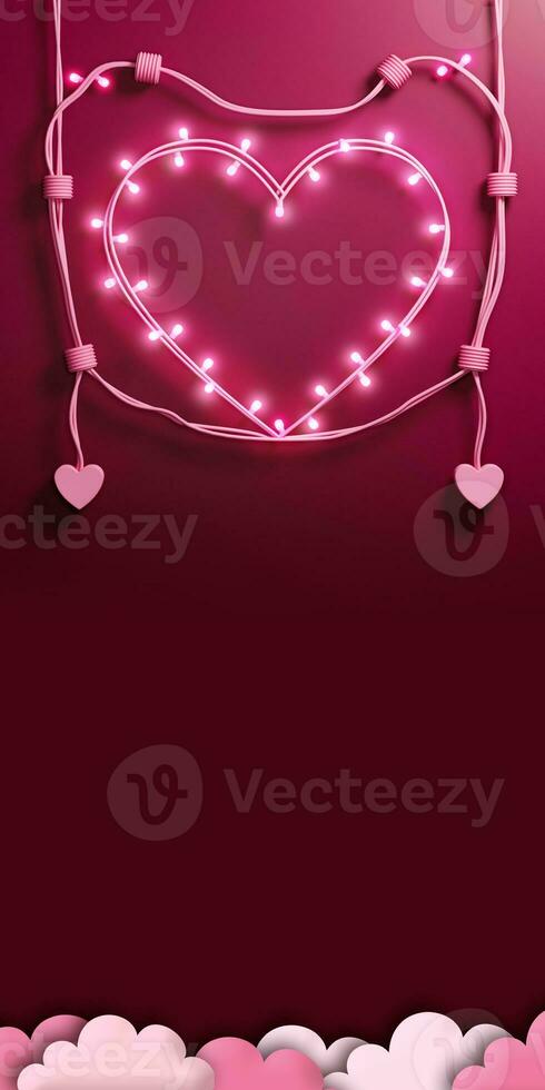 Realistic Lighting Garland Forming Heart Shape On Pink Background. photo