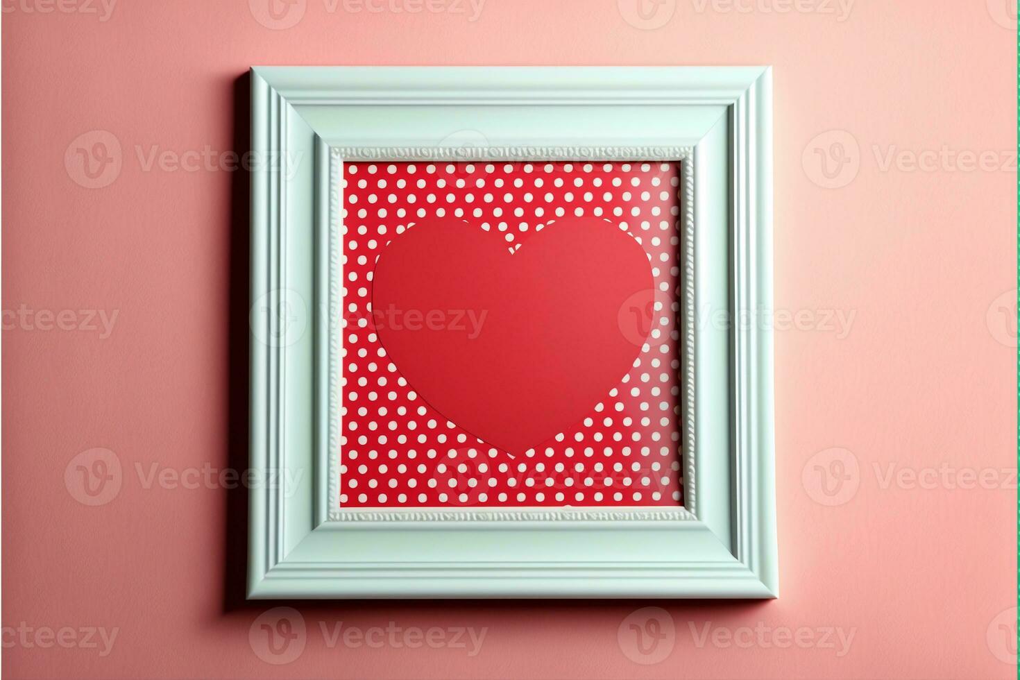 3D Render, Red Heart With Polka Dots Inside Photo Frame. Love Concept.