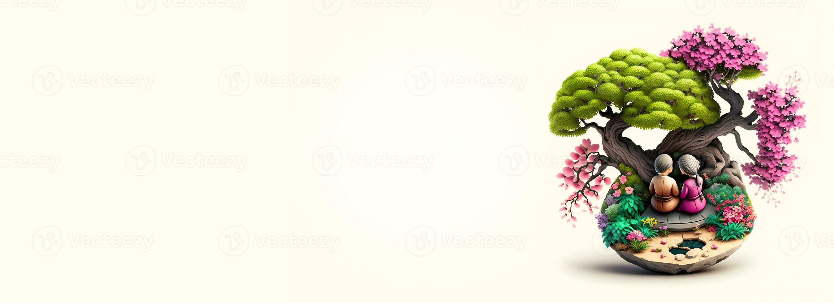 3d hacer arcilla modelado de japonés Pareja sentado en bonsai jardín. foto