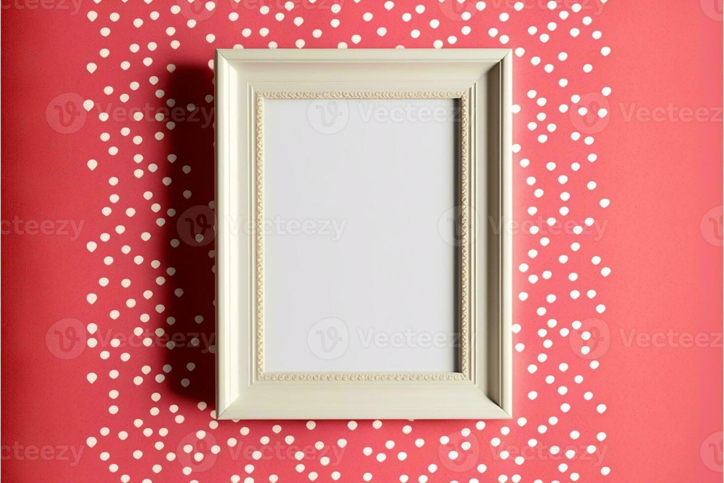 3D Render, Realistic Photo Frame With Image Placeholder Against Dotted Pattern Red Wall.