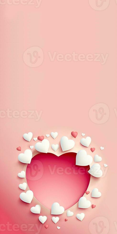 3D Render Abstract Paper Cut Heart Shape Background In Pastel Red And White Color. photo