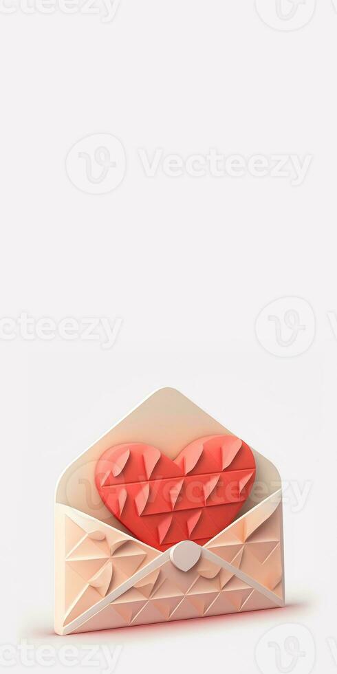 3D Render, Pastel Red Heart Inside Envelope In Geometric. photo