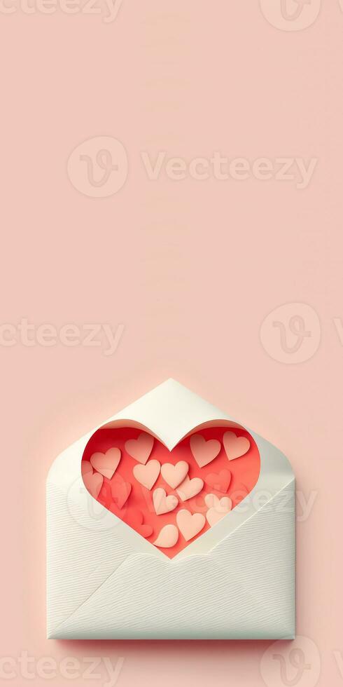 3D Render, Soft Color Paper Hearts Inside Envelope. photo