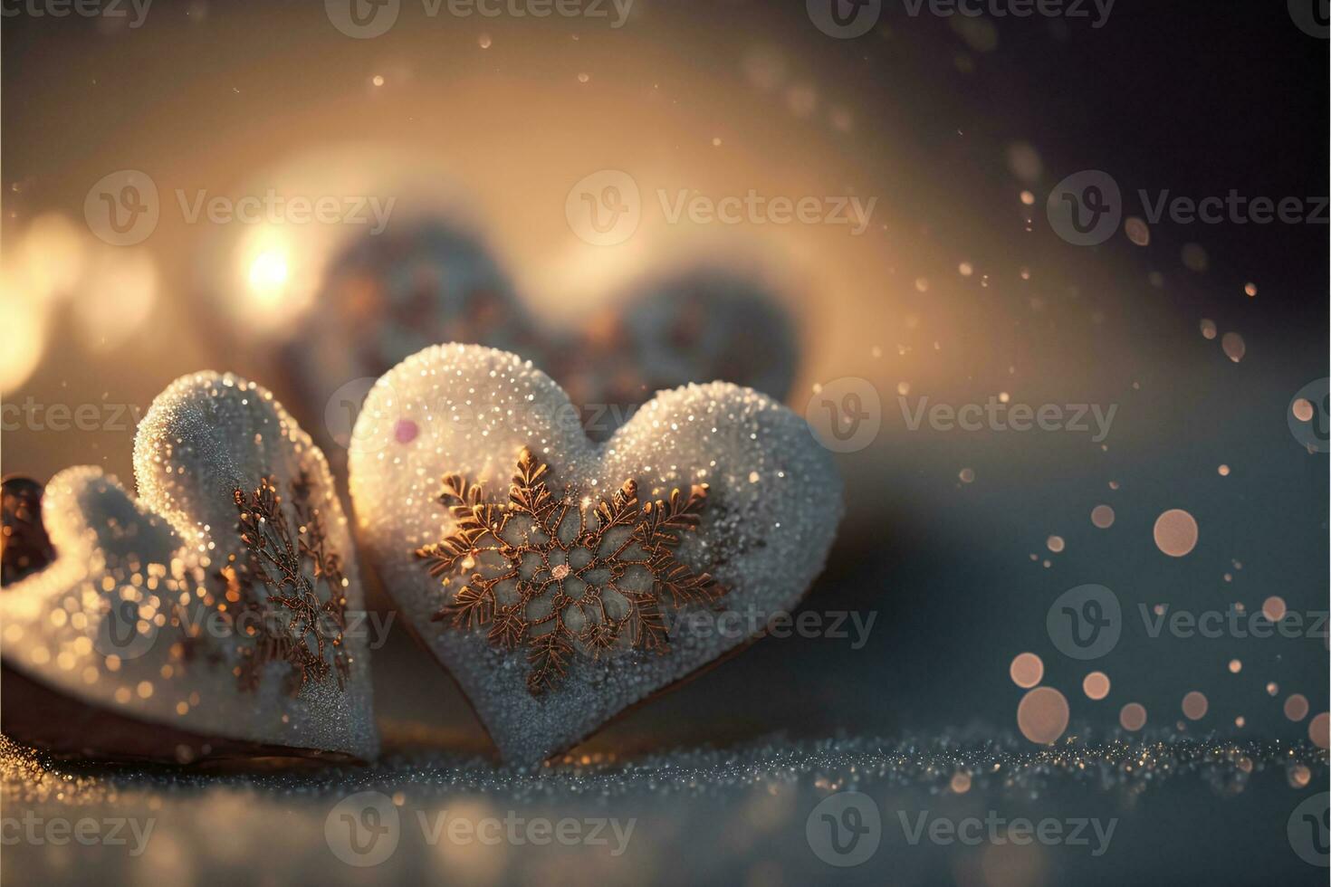 3D Render of Shiny Glittery Hearts With Golden Snowflakes On Bokeh Background. Love Concept. photo