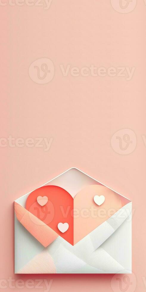 Pastel Colour Paper Cut Hearts Inside Envelope In 3D Render. photo