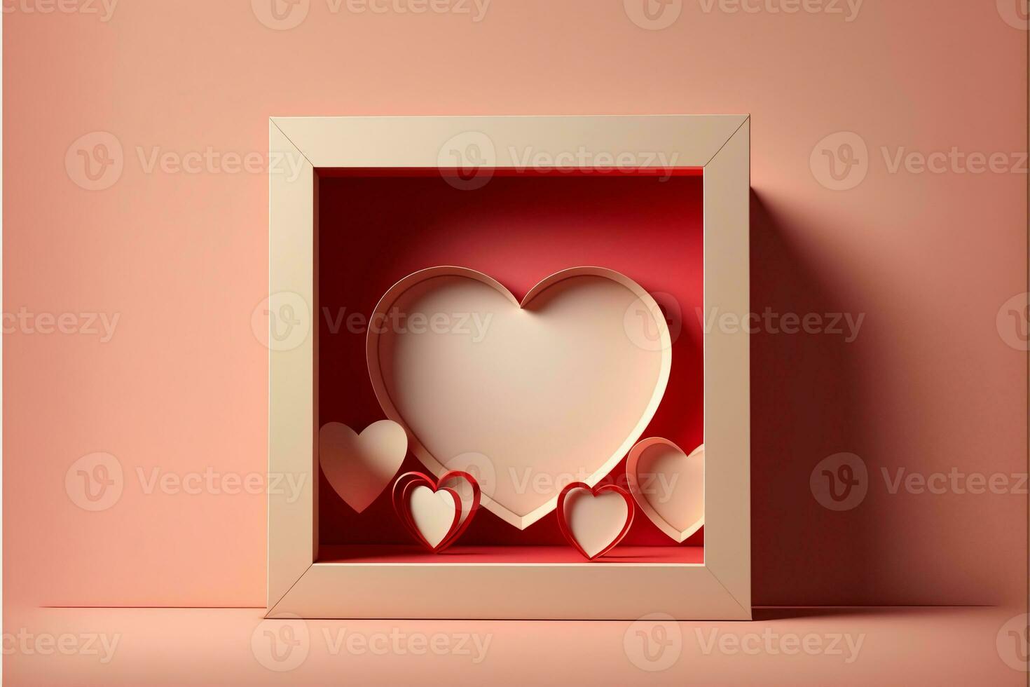 3D Render of Paper Heart Shapes Inside Square Frame For Love Concept. photo