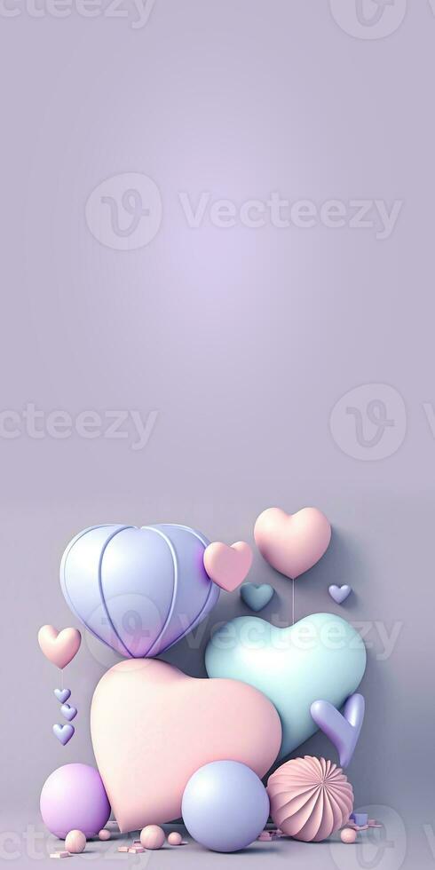 3D Render, Clay Modeling of Glossy Heart Shape Balloons And Abstract Object. photo