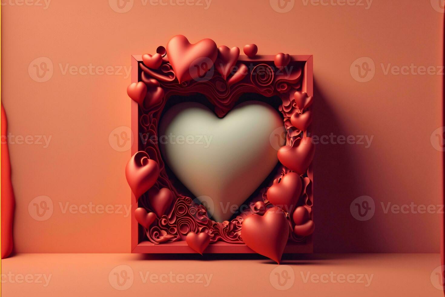 3D Render, Red Vintage Square Frame With Heart Shapes. Valentine's Day Concept. photo