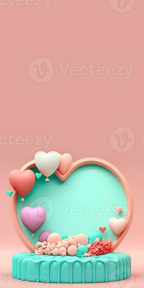 3D Rendering of Heart Shape Frame With Podium, Balloons And Decorative Elements. photo