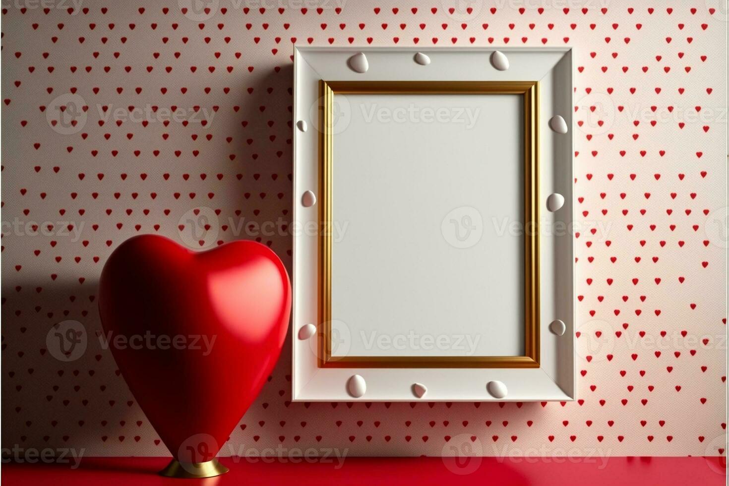 3D Render, White And Golden Photo Frame With Space For Image Against Red Tiny Hearts Wall And Shiny Heart Stand. Love Concept.