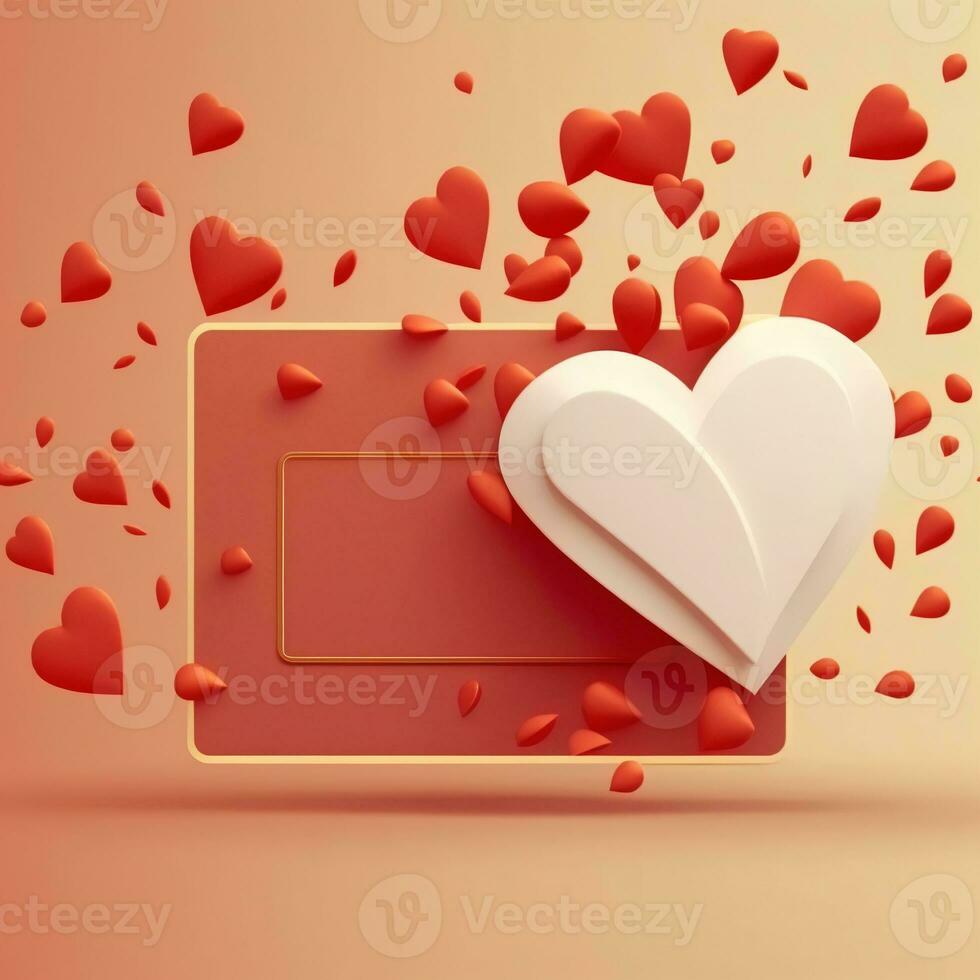 3D Render of Frame With Heart Shapes And Image Placeholder On Pastel Orange Background. photo