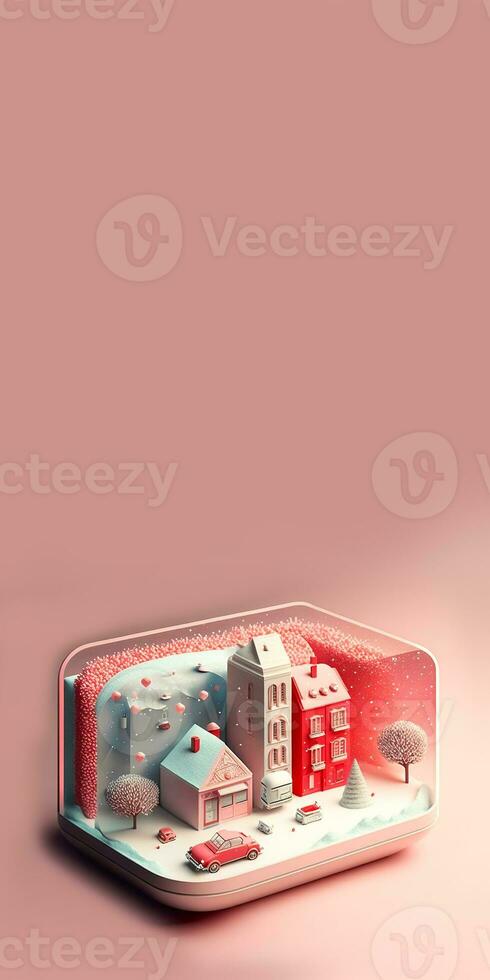 3D Render, Winter Miniature Diorama Frame With Residential Buildings Landscape, Exterior Snowfall. photo
