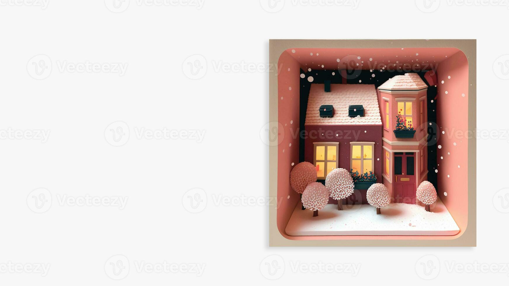 3D Render Of Decorative Winter Diorama Square Frame With Residential Structure, Trees, Snow Falling. photo