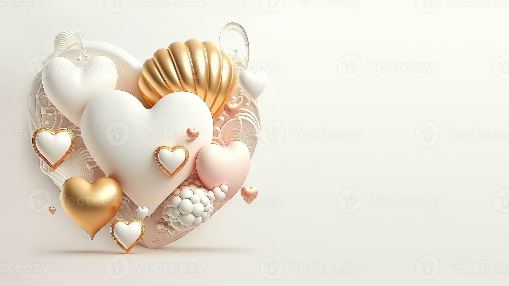 White And Golden Glossy Heart Shapes In 3D Render. photo