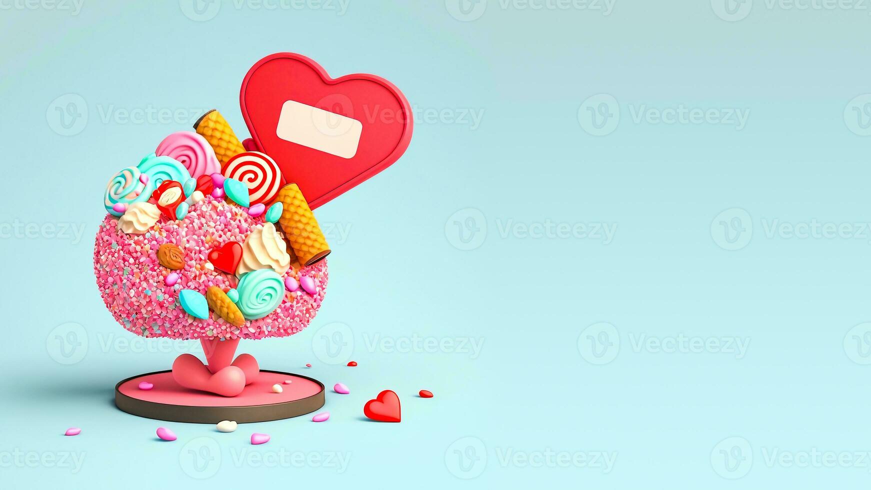 3D Render of Realistic Candies Heart Tree Or Stand And Frame Space For Text Or Message. photo