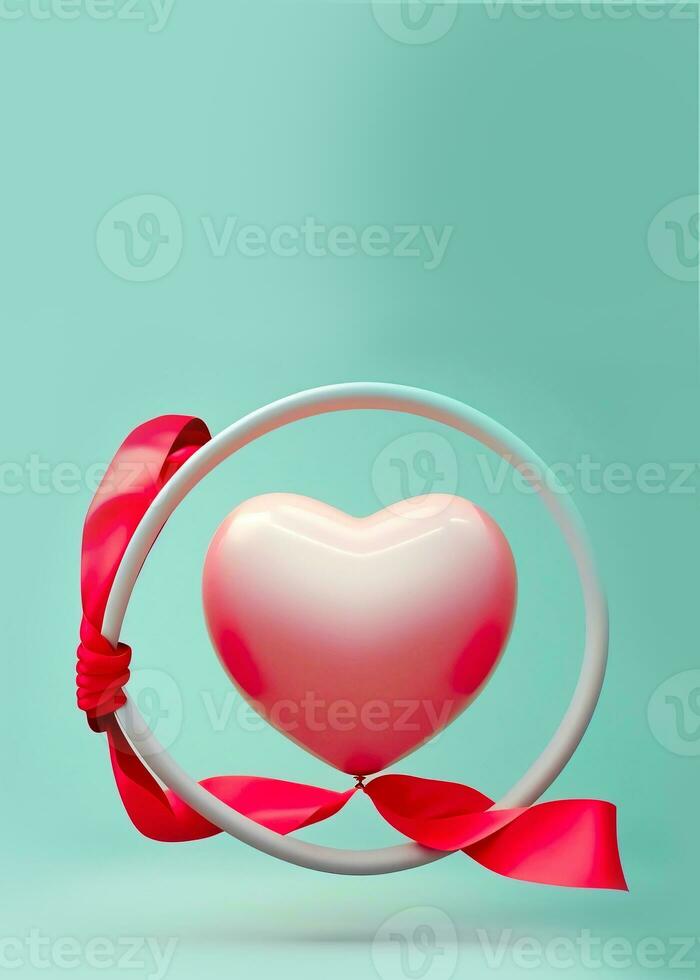 3D Render Glossy Heart Shape Balloon Tied With Ribbon In Circular Frame photo