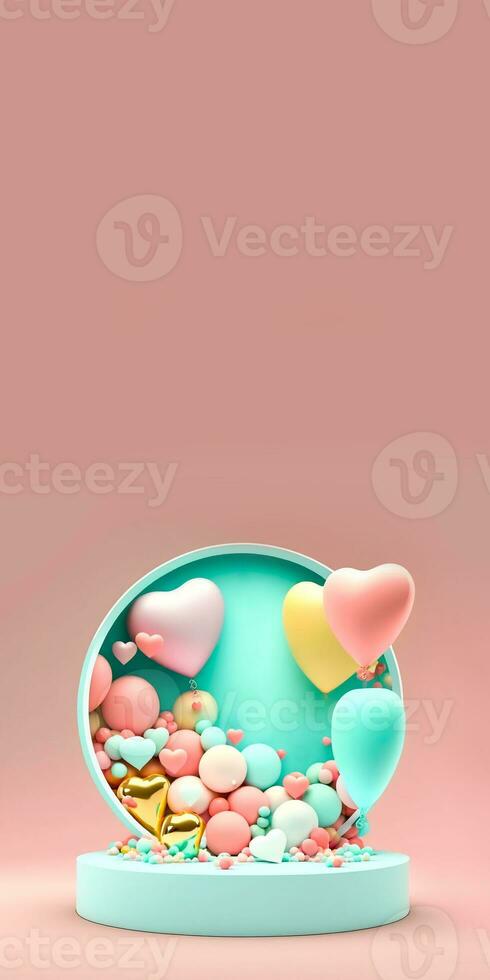 3D Rendering of Heart Shape Frame With Podium, Balloons And Decorative Elements. photo