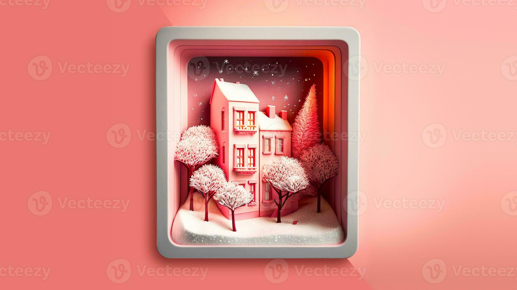 3D Render of Decorative Winter Diorama Square Frame With Residential Structure, Trees, Snow Falling. photo