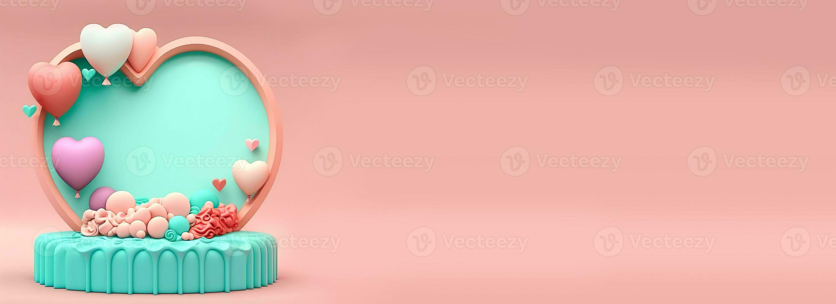 3D Rendering of Heart Shape Frame With Podium, Balloons And Decorative Elements. photo