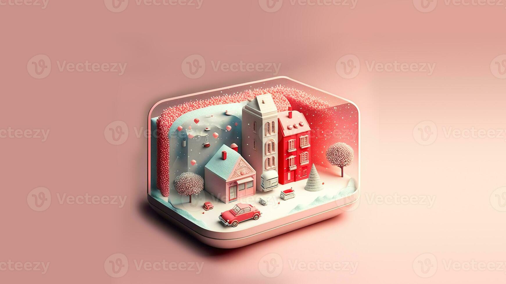 3D Render, Winter Miniature Diorama Frame With Residential Buildings Landscape, Exterior Snowfall. photo