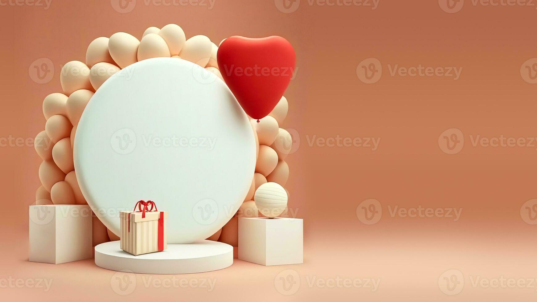 3D Render of Circular Frame Decorated With Balloons On Podium And Gift Box. photo
