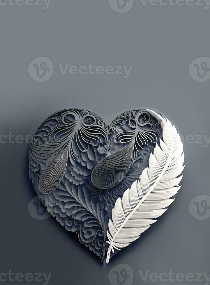 Tribal Art, Heart Shape Frame With Ethnic Feathers In Dark Gray And White Color. photo