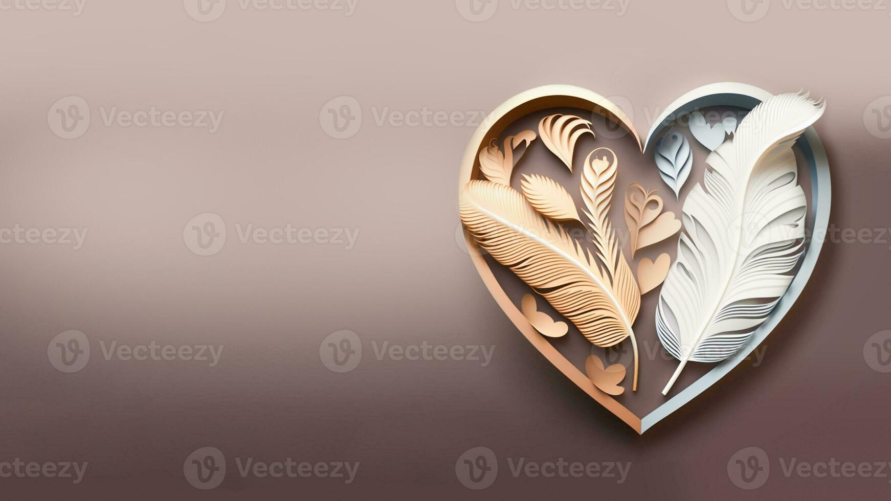 Beautiful Glossy, Paper Cut Feathers In Heart Shape Frame. photo