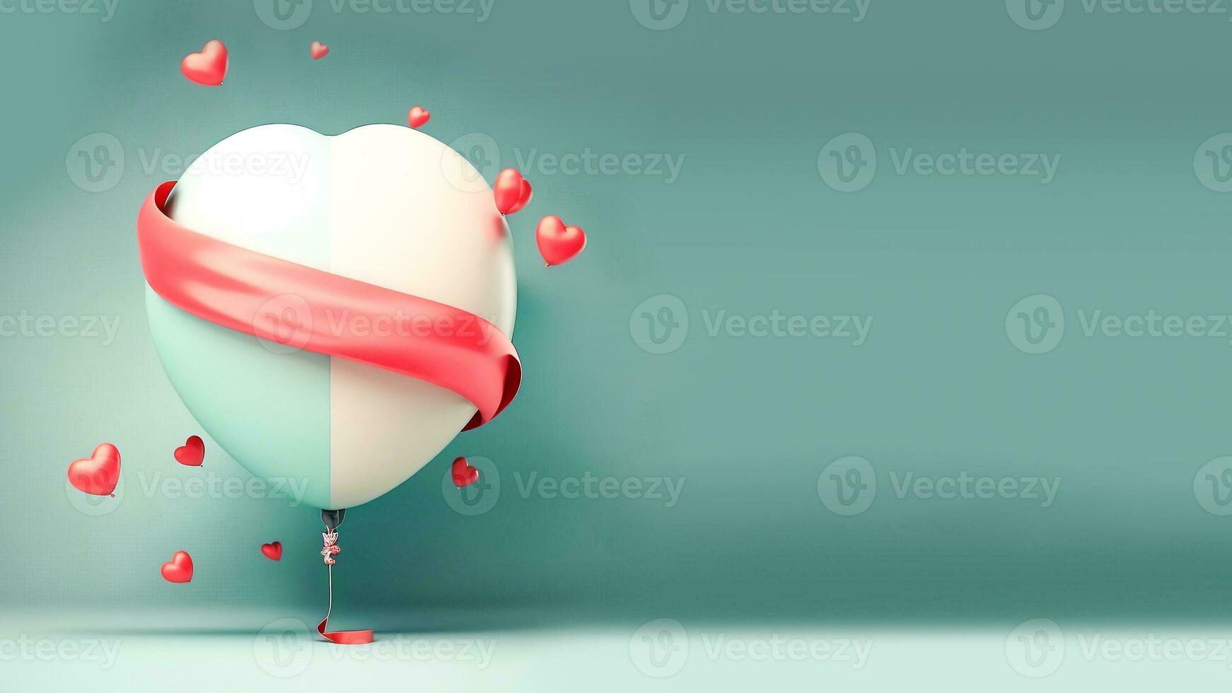 3D Render Soft Color Heart Balloons With Glossy Red Ribbon On Turquoise Background And Copy Space. photo