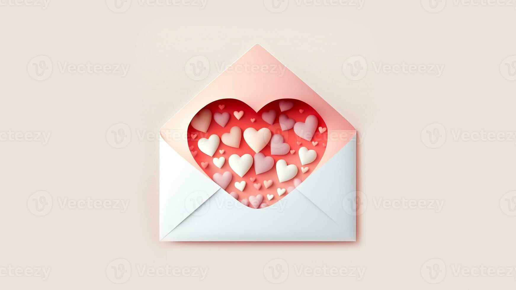 3D Render o Soft Color Paper Hearts Inside Envelope. photo