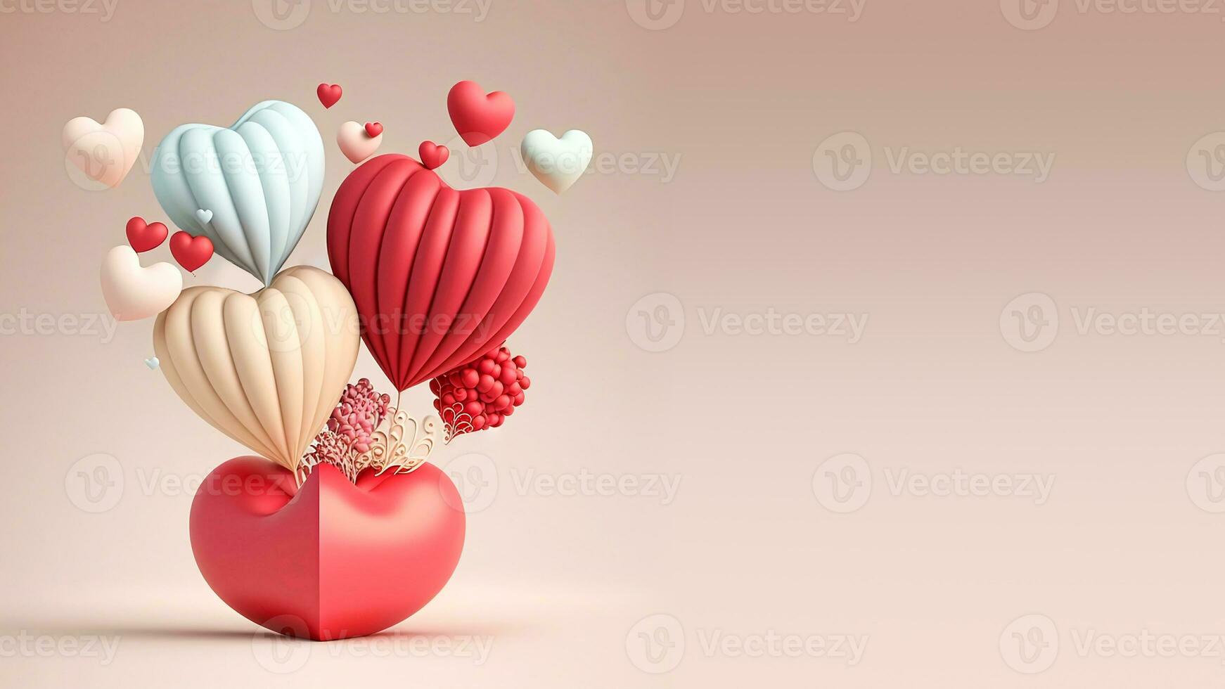 3D Rendering, Pastel Soft Color Heart Shape Balloons With Realistic Bean Bag. photo