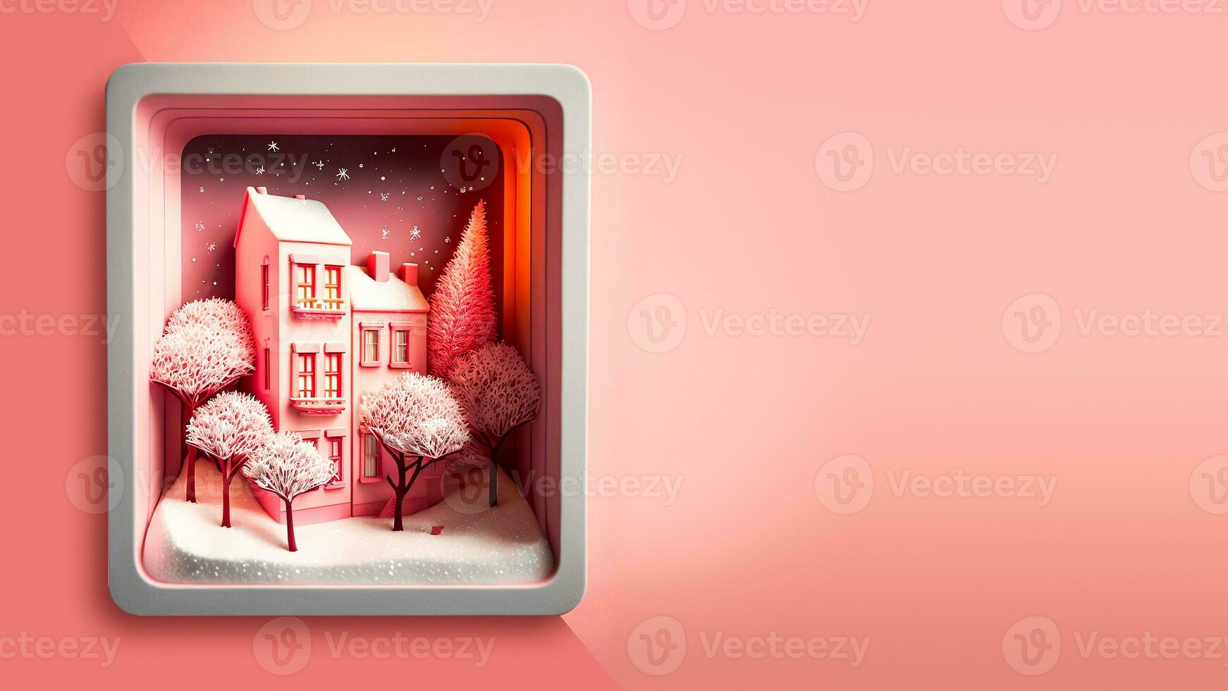 3D Render of Decorative Winter Diorama Square Frame With Residential Structure, Trees, Snow Falling. photo