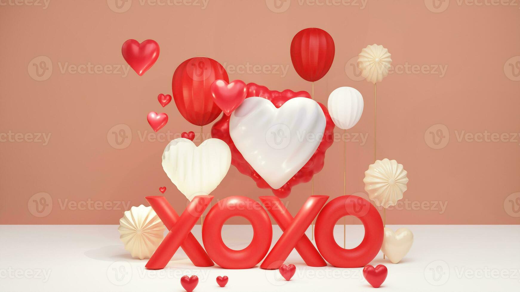 3D Render, XOXO Text With Heart Shapes, Flower On Brown And White Background And Copy Space. Happy Valentine's Day Concept. photo