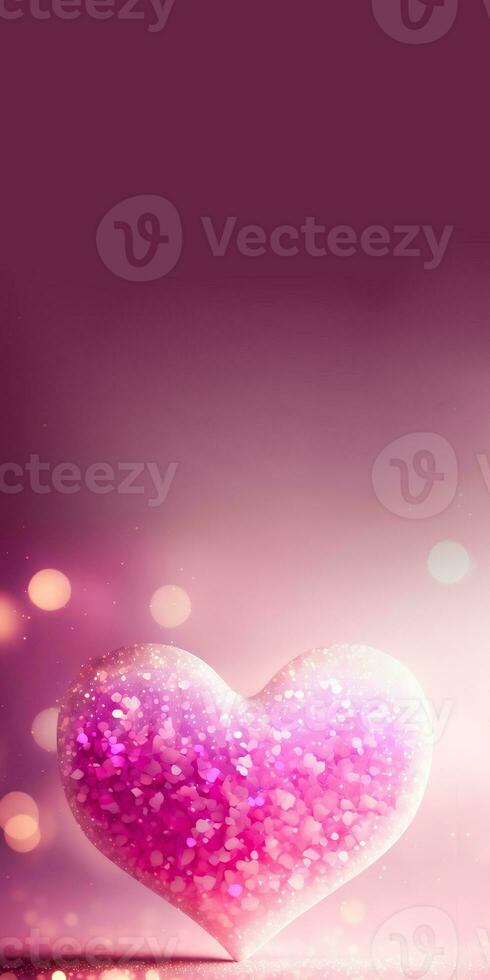 3D Render, Shiny Pink Glittery Heart Shape On Bokeh Background. Love Concept. photo